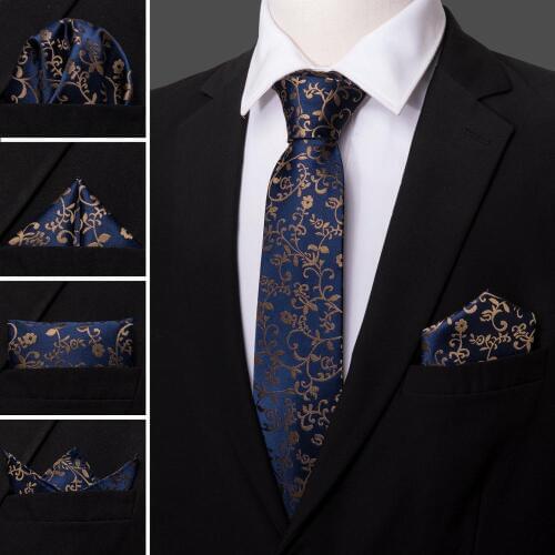 LS-5049 New Mens Tie 100% Silk Jacquard Woven 8.5cm Navy Floral Tie For Men Business Groom Barry.Wang Dropshipping NeckTie Set