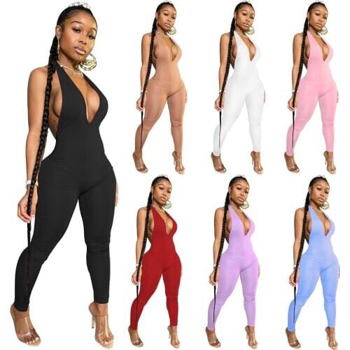 Solid Bodycon Halter Women Long Jumpsuits Skinny Backless Sleeveless Workout Overalls Sportswear Fashion Basic Jumpsuit S-2XL