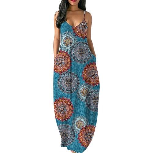 Print Sundresses Women Flower Print Sleeveless V-neck Maxi Dress Spaghetti Strap With Pockets Dresses For Women 2021