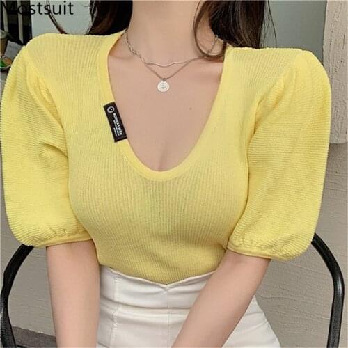 2021 Summer V-neck Knitted Pullover Women Short Sleeve Korean Sexy Sweater Tops Solid Fashion Female Jumpers