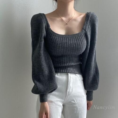 Temperament Square Collar Puff Sleeve Solid Color Knitted Top Womens Autumn and Winter Long Sleeve Sexy Sweater Jumper