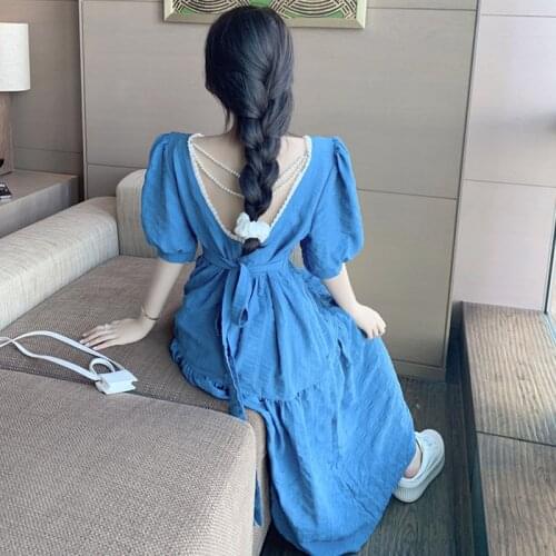 Square Neck Puff Sleeve V Backless Vintage Dress Women Summer 2021 New Slim Empire Waist A Line Lace Up Blue Long Dresses A746
