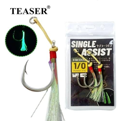 TEASER 5 Bags 1/0 2/0 3/0 4/0 5/0 Single Assist Hooks PE Line High Carbon Steel Barbed Jig Fishhooks with Glow Feather Pesca