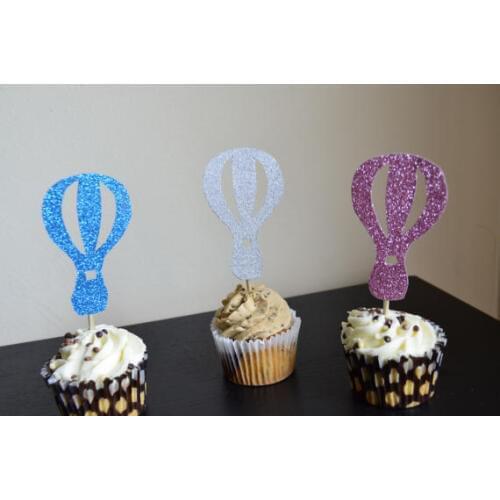 Glitter Hot Air Balloon Birthday Cupcake Toppers wedding baptism Gender Reveal Party Decor food treats picks