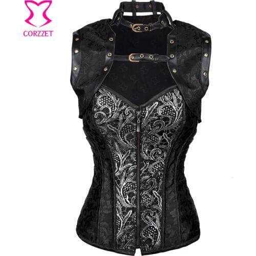Black Vintage Steel Bone Waist Trainer Zipper Steampunk Corselet Overbust Corset Sexy Corsets And Bustiers Burlesque Outfits