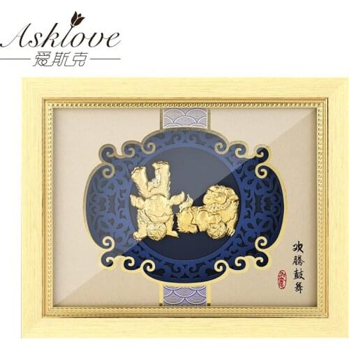 Gold Foil Lion Painting Chinese Painting Dance Lion Lucky Fortune Wall Art Pictures for Living Room Home decor Gifts 20x25cm
