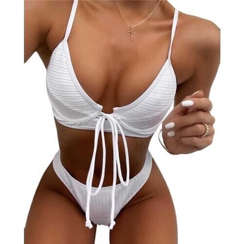 Women 2 PCS Bikini Set Solid Color Padded Wire-Free Back Buckle Front Straps Bra Triangle High Waist Panty Swimming Suit Set