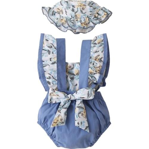 Baby Girls Summer Outfits, Ruffle Sleeves Cartoon Print Bowknot Romper with Hat Set
