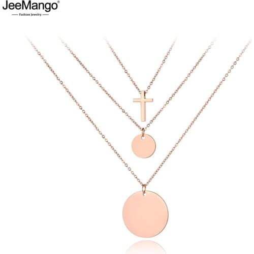 JeeMango Bohemia Titanium Stainless Steel Three-layer Round Tag Cross Necklaces Jewelry Pendant Chain Necklace For Women JN19077