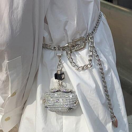Mini Crystal Shiny Womens Bag Metal Chain Waist Bags Fashion Luxury Shoulder Bags Silver Small Purse All-Match Dating Clutch