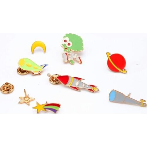 Space Travel Cartoon Brooches Planet Star Telescope Airplane Rocket Alien Enamel Lapel Pins Fashion Men Clothes Badges Jewelry