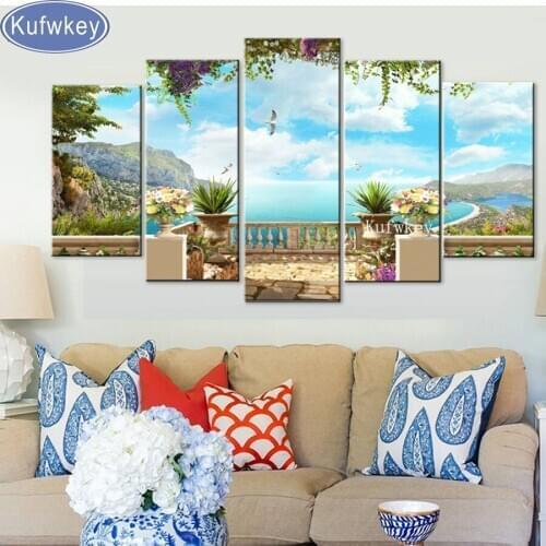 5pcs,natural scenery 5D DIY Diamond Painting Blue Sky Sea garden,3d,Full Square Diamond Embroidery Cross Stitch,Mosaic,stickers