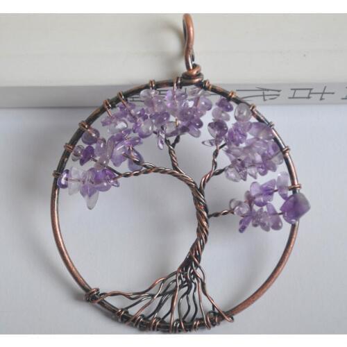 Natural Lucky Handmade Tree of life Purple Crystal Bronze Copper Wire Wrap GEM Pendant Jewelry S1281