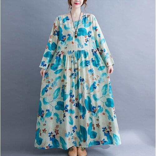 2021 New Arrival Tie Dye Print Leaf Fashion Women Autumn Dress Thin Soft Cotton Linen Plus Size Spring Casual Long Maxi Dress