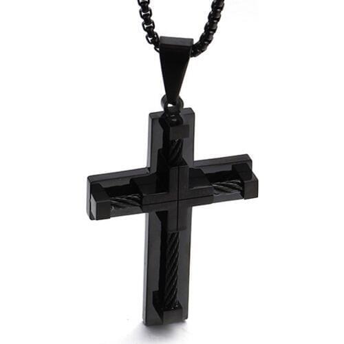 New Arrive 316L Stainless Steel Black Tone Cross Crucifix Design Mens Pendant Necklace Wire Cable Free Rope Chain 24" Xmas Gift