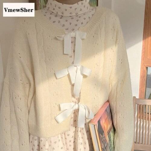 VmewSher New Cute Bow Knitted Cardigan Sweater Coat Long Sleeve Short Top Spring Korean Fashion Women Sweet Light Yellow Outwear