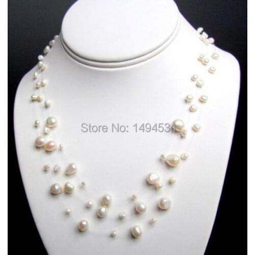 Wholesale Pearl Jewelry - 3 Strands White Color Baroque Genuine Freshwater Pearl Necklace - Wedding - Brides - Bridesmaids Gift