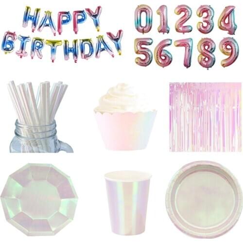 Iridescent Party Supplies Metallic Dessert Plates Paper Cups Cupcake Wrapper Curtains Tassels for Mermaid/Unicorn Birthday Party