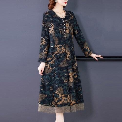 Large Size Womens New Dress For Mothers High-End Fashion Loose Mid-Length Fall Winter Dress Korean Floral Female Vestidos y1066