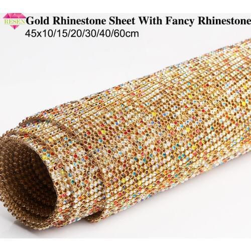 RESEN 45X40CM/PCS Hotfix Iron on Colorful Rhinestone Sheet Gold Base Crystal Adhesive Rhinestone Mesh Wrap For Party Decoration