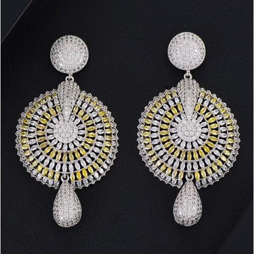 Luxury Clear Yellow CZ Big Round Pendant Earrings Cubic Zirconia Shiny Charm Earring For Women Bride Wedding Jewelry