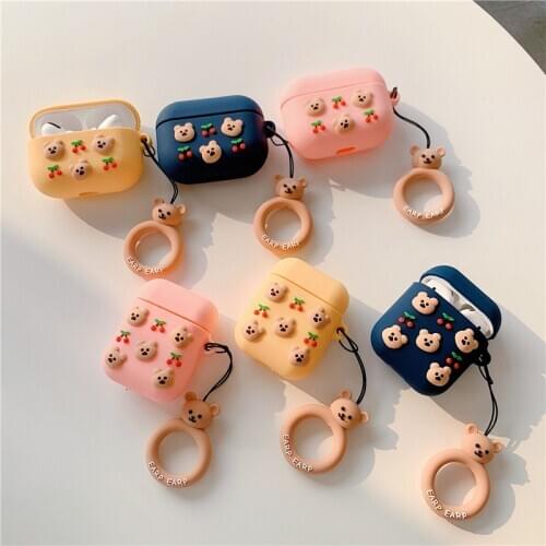 Cherry Bear Luxury Protective Case for AirPods 1 2 3 Cute Cover Bluetooth Earphone Case for Airpods Pro Silicone with Ring Strap