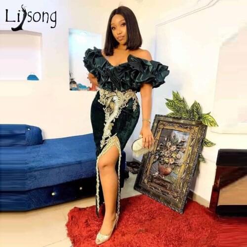 Sexy Off Shoulder African Prom Dresses 2020 Long Velour Formal Dress Black Girls High Slit Ruffled Appliques Evening Gown Cheap