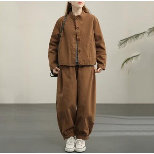 Spring autumn womens literary artistic simple short top female new Tie feet casual pants fashion plus size two-piece sets s129
