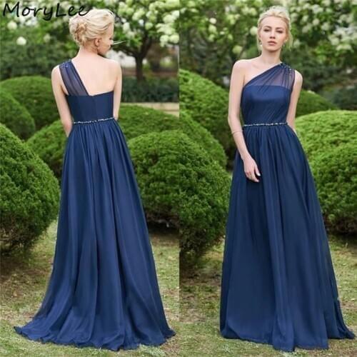 Navy Bridesmaid Dresses One Shoulder A-Line Floor Length Crystal Beaded Chiffon Zipper Back Wedding Party Bridesmaid Dresses