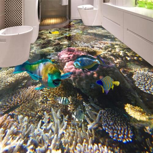 3D Flooring Waterproof Wallpaper For Bathroom Seabed coral tropical fish 3D Floor Painting Self-adhesive Wallpaper