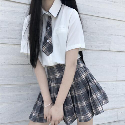 Japanese JK Uniforms Suit Female 2020 New Short Sleeve Splicing Plaid Shirt Blouse High-Waisted Pleated school skirt Summer