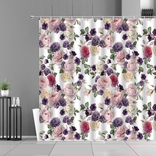 Pink Flowers Green Leaf Shower Curtain Plants Floral Print European Pastoral Home Bathroom Decor Waterproof Curtains Girls Gifts