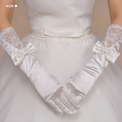 Women Bridal Long Gloves Fingers Satin Solid Color Length Mittens Gloves with Lace Wedding Party Gloves