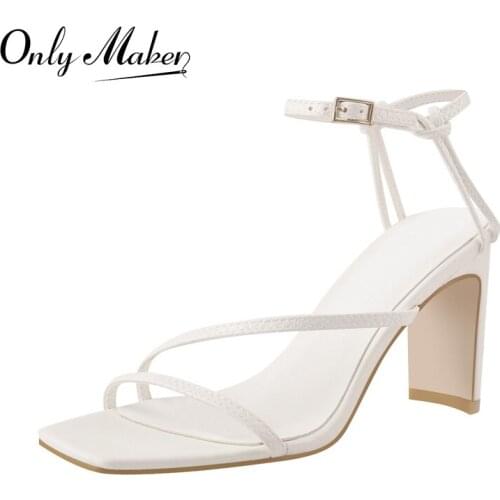 Onlymaker Womens Summer Square Toe Sandals Matte White Narrow Band Ankle Buckle Chunky High Heels Shoes Concise Office Lady