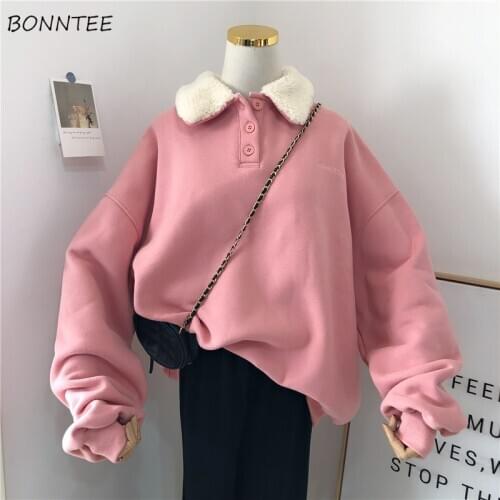 Women No Hat Hoodies Loose Turn-down Collar Patchwork Casual Thicker Plus Velvet Warm Korean Style Winter Female Sweatshirts New