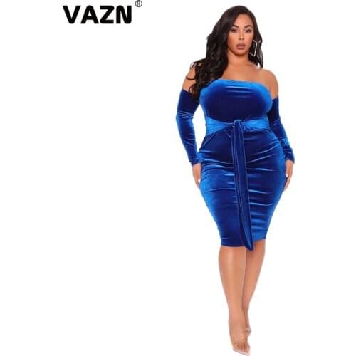 VAZN 2020 Top Quality Blue Backless Sexy Club Plus Size Sweet Solid Strapless Full Sleeve High Waist Women Thin Midi Dress