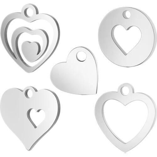 50pcs/lot Romantic Hollow-out Heart Charm Stainless Steel High Polish Accessories for Making DIY Bracelet & Necklace Can Mixed