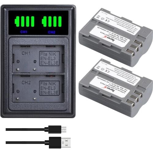 2Pcs EN-EL3E EN EL3 2000mAh Batteries+LED Dual Charger with Type C Port for Nikon D50 D70 D70s D80 D90 D100 D200 D300 D300S D700