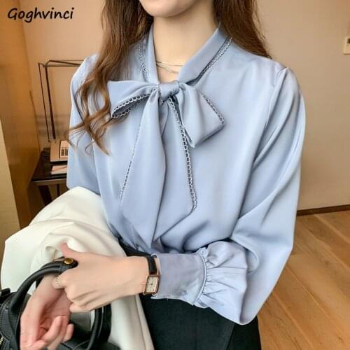 Women Blouses Solid Autumn Korean Style Bow Knot Loose Leisure Elegant OL Style Ladies Plus Size Satin Shirts Fashion Street New