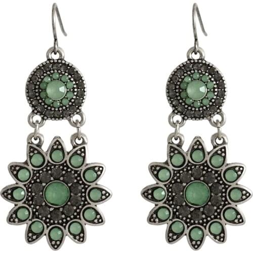 Bohemia Antique Rhodium Color Mint Stone Decorated Drop Earrings For Women Girl Elegant Vintage Chic Chunky Jewelry