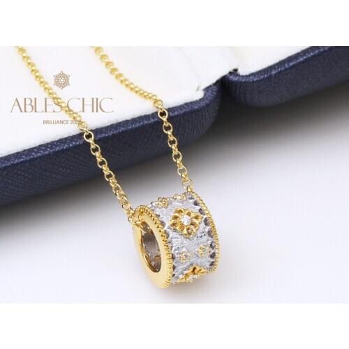 925 Solid Silver Handmade Gold Two Tone Filigree Pendant CZ Lace Fabric Finish Necklace Italian Vintage Fine Jewelry