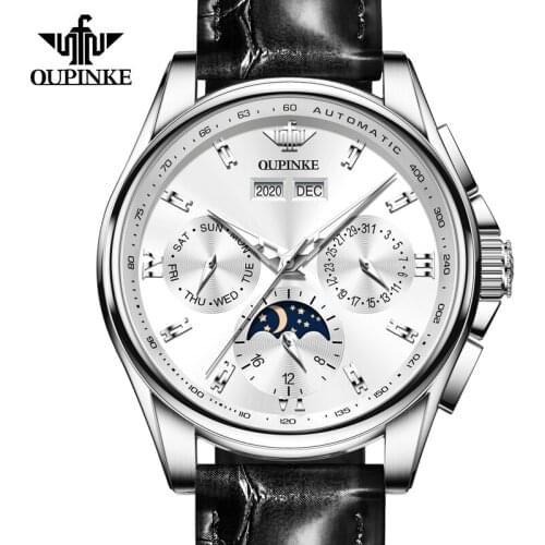 2021 New Products OUPINKE Mens Mechanical Watch Moon Phase Sapphire Multifunctional Automatic Watch Leather Bracelet Watch