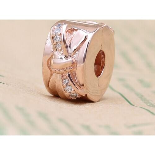 Authentic S925 sterling silver full inlaid zircon bow fixing clip positioning buckle Beads Fit Original Bracelet