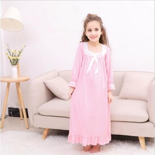 Girls Cotton Nightgown 2019 Fall White Pink Lace Bow Girls Long Sleeve Nightdress Kids Clothing High-grade Comfortable Homewear