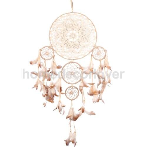 Indian Style Retro Big Dream Catcher Wind Chimes Craft with Five Rings & Feathers Pendant Holiday Ornaments Romantic Lovers Gift