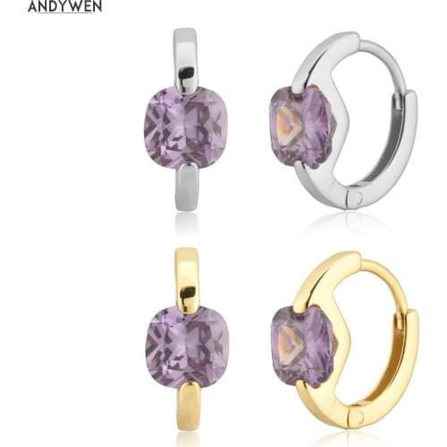 ANDYWEN 925 Sterling Silver Clear Purple Zircon 6.3mm Small Huggies Clips Piercing Ohrringe Pendiente Luxury Jewelry For Women