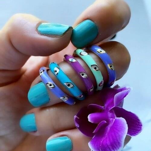 Green Blue Pink Enamel Band Lucky Turkish Evil Eye Shaped Fashion Colorful Summer Finger Ring For Women