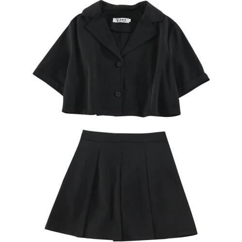 College Style Suit 2021 Summer New Short-sleeved Lapel Short Top + High-waist Pleated Skirt Two-piece Skirt