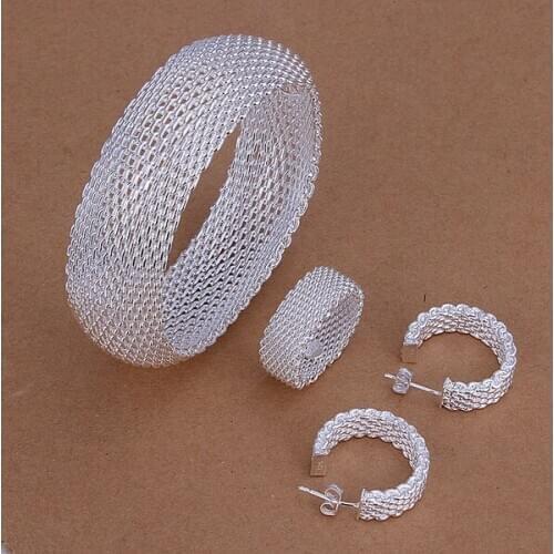 Hot Christmas gift retro closed woven mesh bracelets ring Stud Earrings fashion Silver color jewelry Set S301