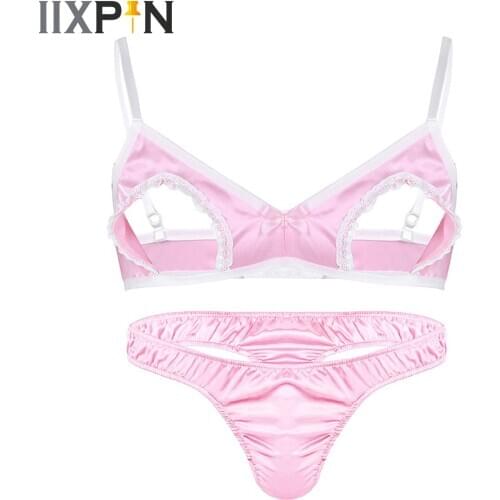 Mens Sissy Lingerie Sets Gay Male Panties Satin Bra Top with Bikini Thong G-String Underwear Gay Mae Sexy Temptation Underwear